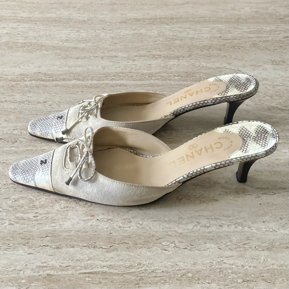 CHANEL Beige and White Mules with Bow Detail